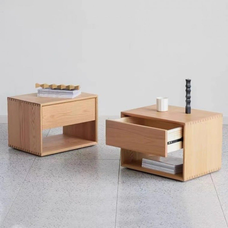 Traditional Japanese Pine Wood Rounded Square Nightstand 1-Drawer For Bedroom