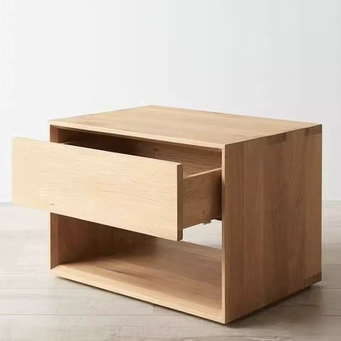 Traditional Japanese Pine Wood Rounded Square Nightstand 1-Drawer For Bedroom