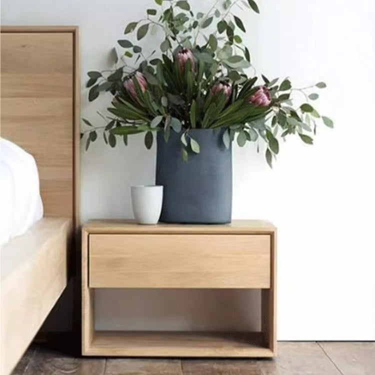 Traditional Japanese Pine Wood Rounded Square Nightstand 1-Drawer For Bedroom