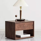 Traditional Japanese Pine Wood Rounded Square Nightstand 1-Drawer For Bedroom