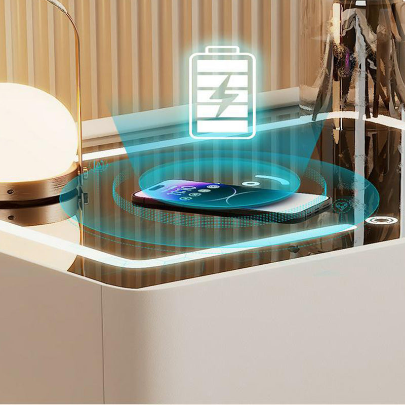 Mesita de noche moderna de lujo con 2 cajones para dormitorio, panel de roca, vidrio templado, piel de microfibra, madera maciza, esquinas redondeadas