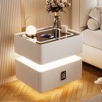 Mesita de noche moderna de lujo con 2 cajones para dormitorio, panel de roca, vidrio templado, piel de microfibra, madera maciza, esquinas redondeadas