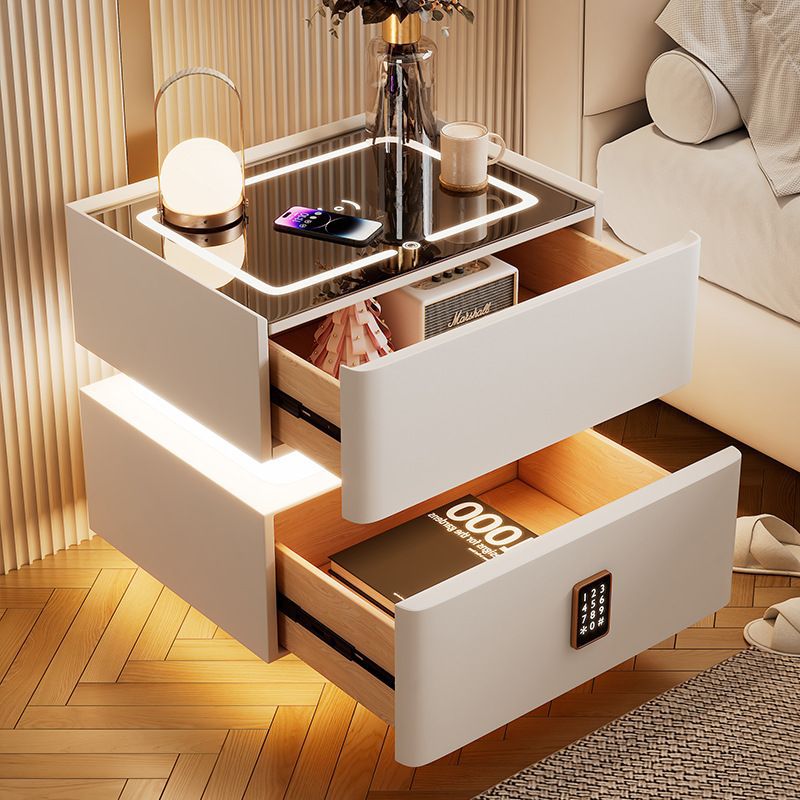 Mesita de noche moderna de lujo con 2 cajones para dormitorio, panel de roca, vidrio templado, piel de microfibra, madera maciza, esquinas redondeadas