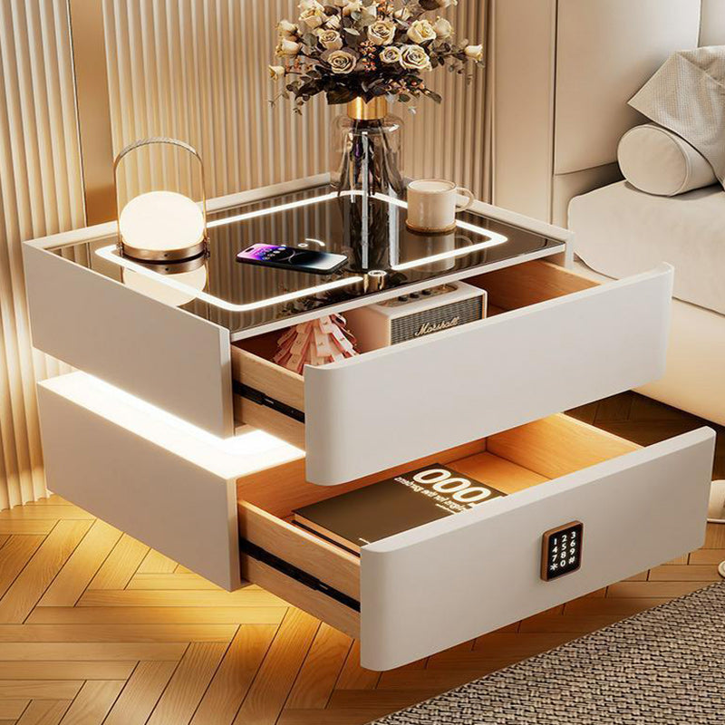 Mesita de noche moderna de lujo con 2 cajones para dormitorio, panel de roca, vidrio templado, piel de microfibra, madera maciza, esquinas redondeadas