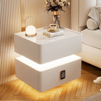 Mesita de noche moderna de lujo con 2 cajones para dormitorio, panel de roca, vidrio templado, piel de microfibra, madera maciza, esquinas redondeadas