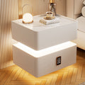 Mesita de noche moderna de lujo con 2 cajones para dormitorio, panel de roca, vidrio templado, piel de microfibra, madera maciza, esquinas redondeadas