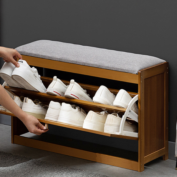 Banco para zapatos ventilado rectangular de lino ABS de bambú japonés tradicional para recibidor y sala de estar