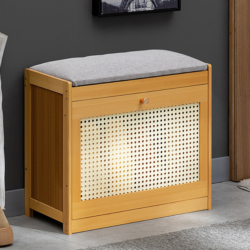 Traditional Japanese Bamboo ABS Linen Rectangular Ventilated Shoe Bench For Entryway & Living Room