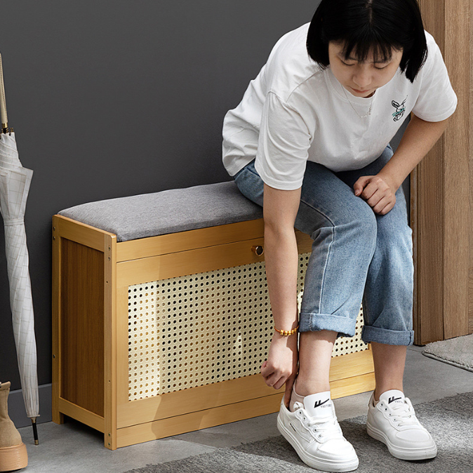 Banco para zapatos ventilado rectangular de lino ABS de bambú japonés tradicional para recibidor y sala de estar