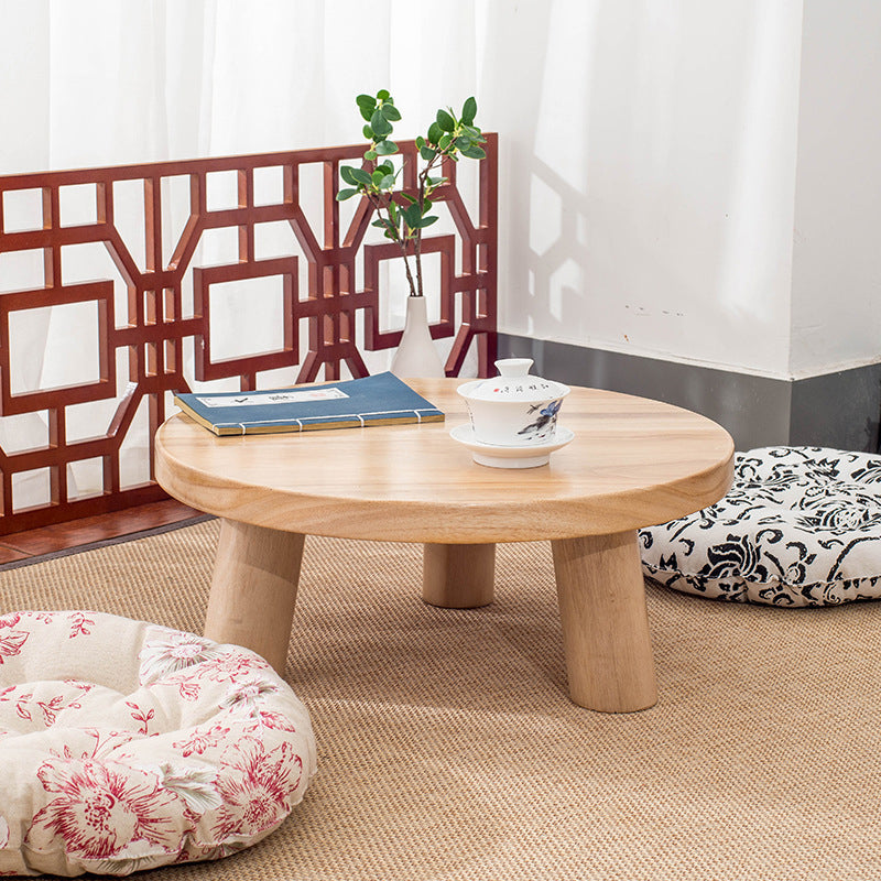 Traditional Japanese Solid Wood Round Cylindrical End Table 1-Tier For Living Room