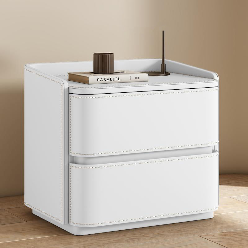Contemporary Creative Faux Saddle Leather Pine Wood Rounded Square Nightstand With 2 Drawers For Bedroom