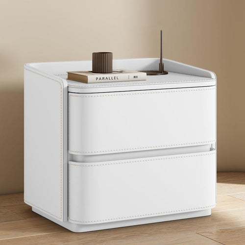 Contemporary Creative Faux Saddle Leather Pine Wood Rounded Square Nightstand With 2 Drawers For Bedroom