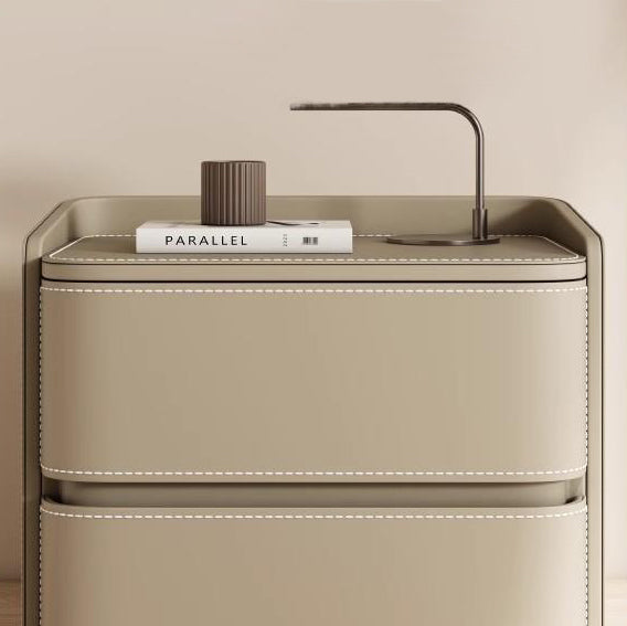 Contemporary Creative Faux Saddle Leather Pine Wood Rounded Square Nightstand With 2 Drawers For Bedroom