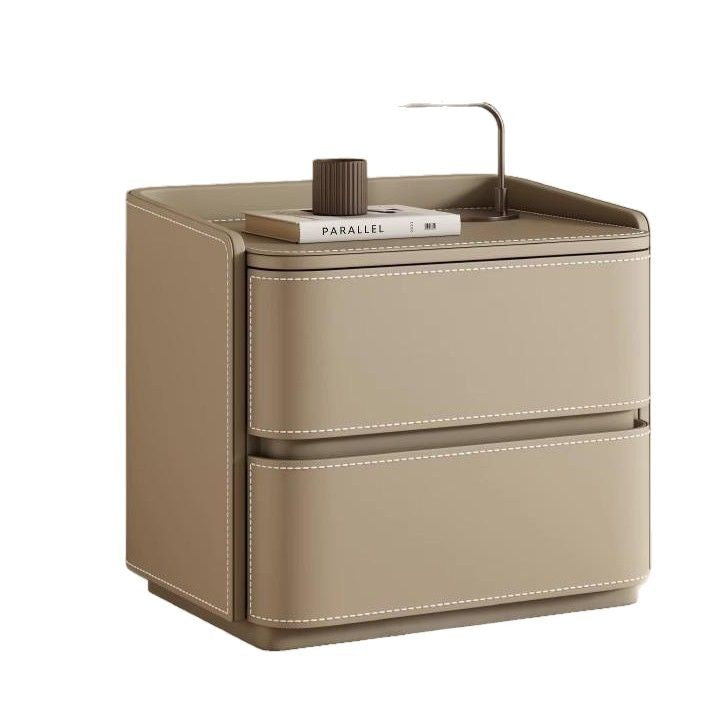 Contemporary Creative Faux Saddle Leather Pine Wood Rounded Square Nightstand With 2 Drawers For Bedroom