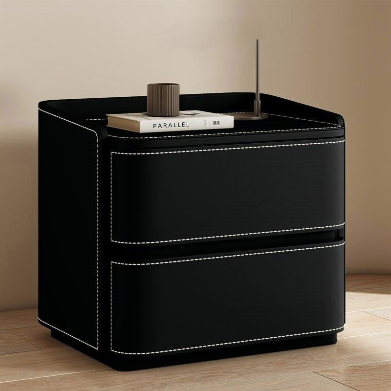 Contemporary Creative Faux Saddle Leather Pine Wood Rounded Square Nightstand With 2 Drawers For Bedroom