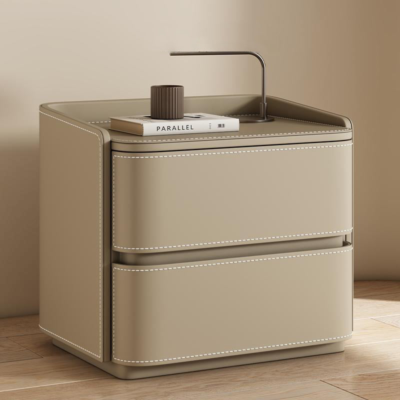Contemporary Creative Faux Saddle Leather Pine Wood Rounded Square Nightstand With 2 Drawers For Bedroom