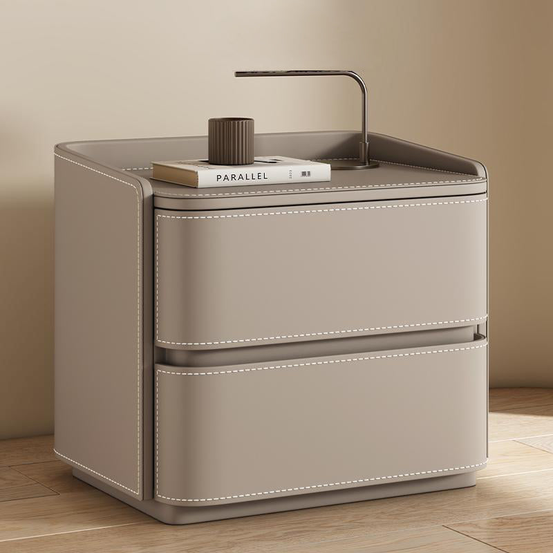 Contemporary Creative Faux Saddle Leather Pine Wood Rounded Square Nightstand With 2 Drawers For Bedroom