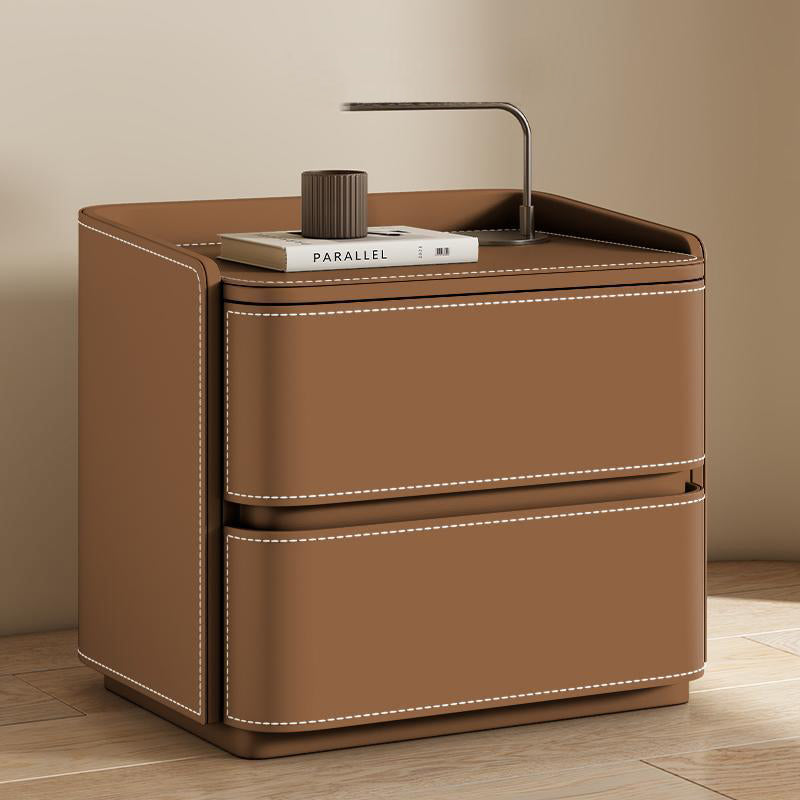 Contemporary Creative Faux Saddle Leather Pine Wood Rounded Square Nightstand With 2 Drawers For Bedroom