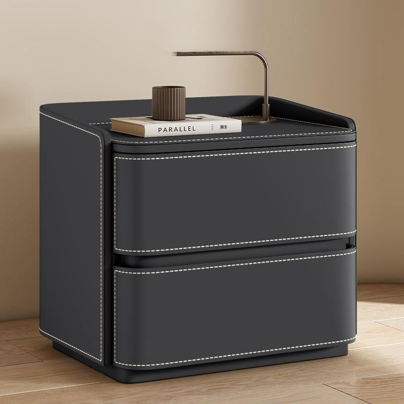 Contemporary Creative Faux Saddle Leather Pine Wood Rounded Square Nightstand With 2 Drawers For Bedroom
