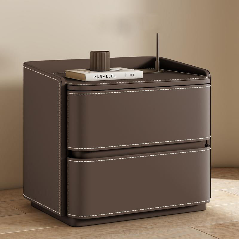 Contemporary Creative Faux Saddle Leather Pine Wood Rounded Square Nightstand With 2 Drawers For Bedroom