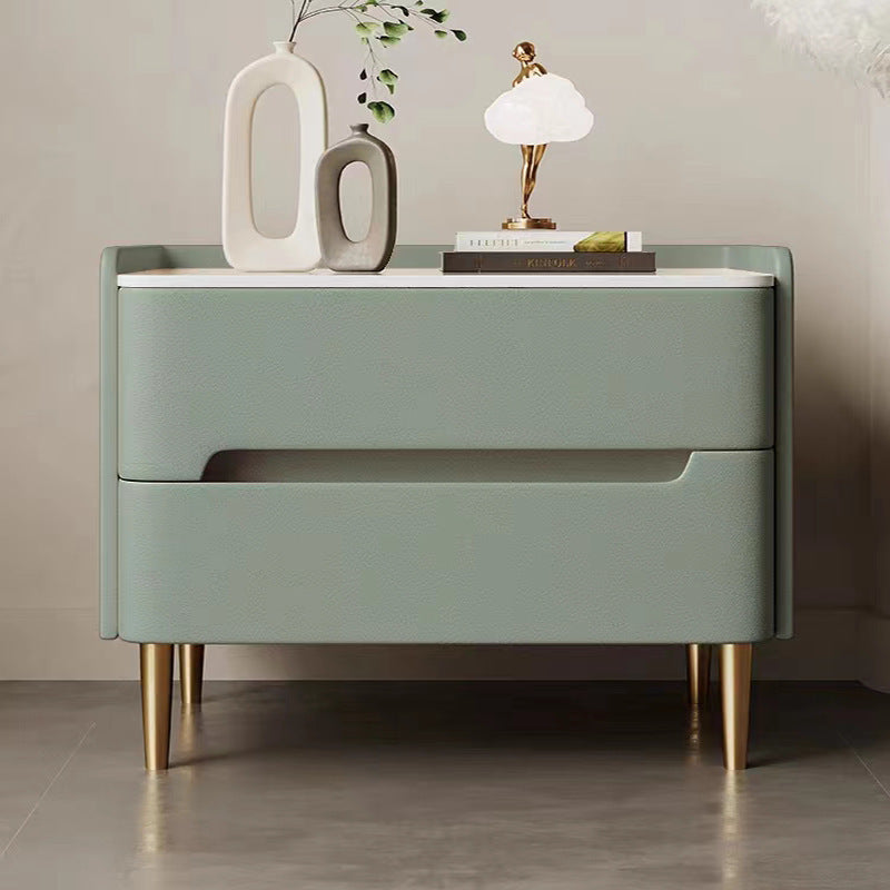 Contemporary Scandinavian Sintered Stone Cat-Scratch Leather MDF Stainless Steel Rounded Square Cylinder Nightstand With 2 Drawers For Bedroom