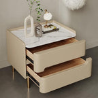 Contemporary Scandinavian Sintered Stone Cat-Scratch Leather MDF Stainless Steel Rounded Square Cylinder Nightstand With 2 Drawers For Bedroom