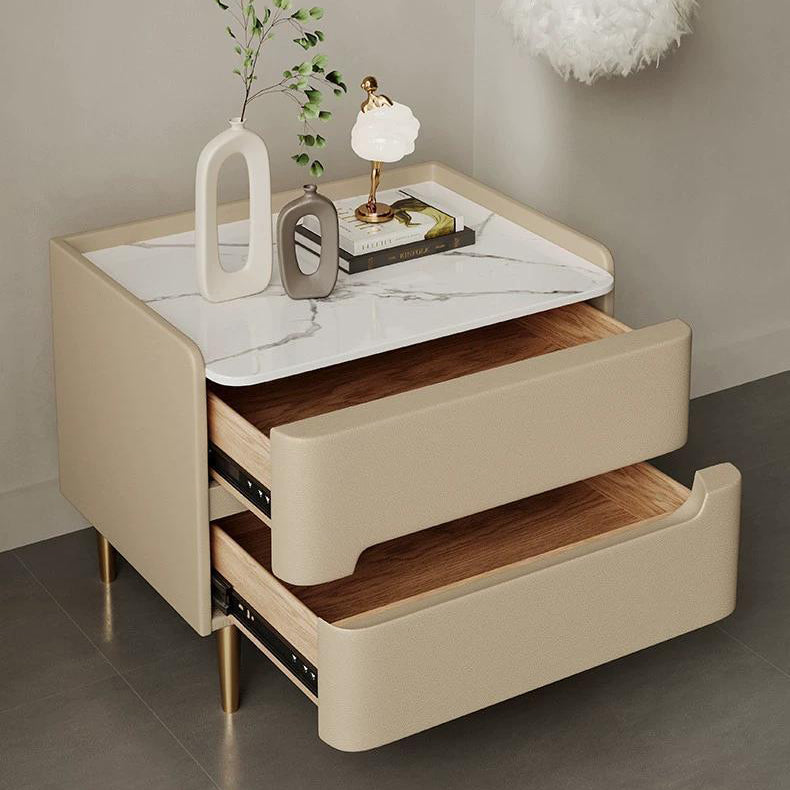 Contemporary Scandinavian Sintered Stone Cat-Scratch Leather MDF Stainless Steel Rounded Square Cylinder Nightstand With 2 Drawers For Bedroom