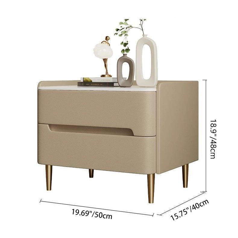 Contemporary Scandinavian Sintered Stone Cat-Scratch Leather MDF Stainless Steel Rounded Square Cylinder Nightstand With 2 Drawers For Bedroom