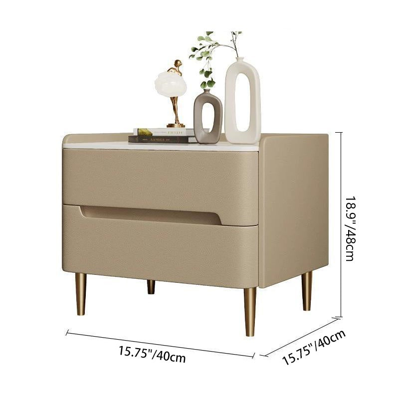 Contemporary Scandinavian Sintered Stone Cat-Scratch Leather MDF Stainless Steel Rounded Square Cylinder Nightstand With 2 Drawers For Bedroom