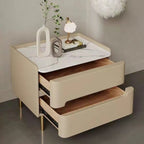 Contemporary Scandinavian Sintered Stone Cat-Scratch Leather MDF Stainless Steel Rounded Square Cylinder Nightstand With 2 Drawers For Bedroom