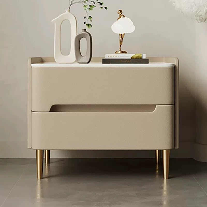 Contemporary Scandinavian Sintered Stone Cat-Scratch Leather MDF Stainless Steel Rounded Square Cylinder Nightstand With 2 Drawers For Bedroom