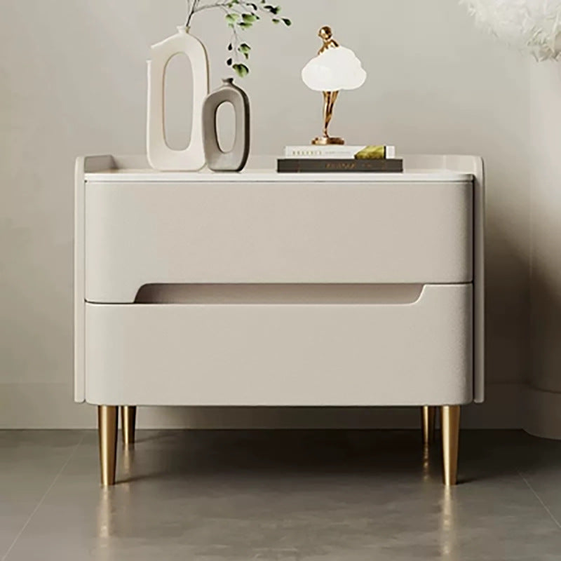 Contemporary Scandinavian Sintered Stone Cat-Scratch Leather MDF Stainless Steel Rounded Square Cylinder Nightstand With 2 Drawers For Bedroom