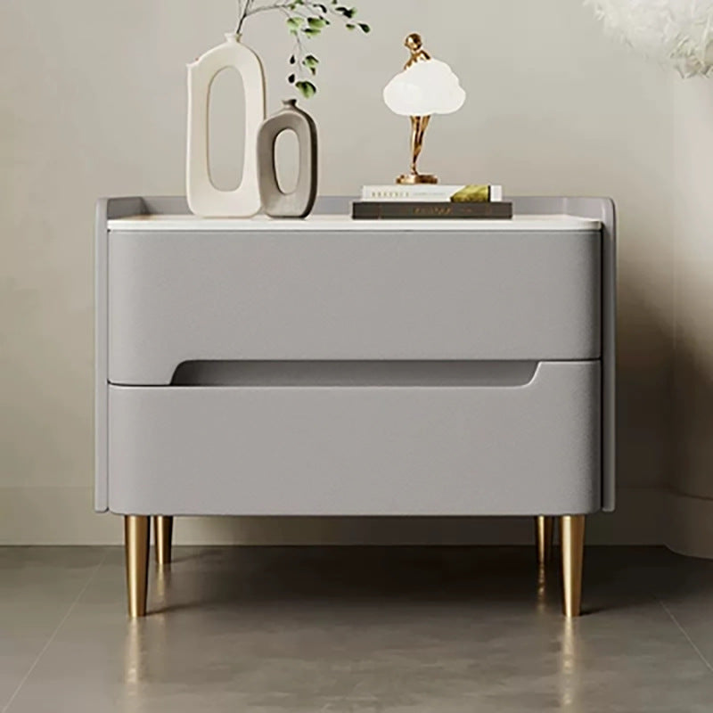 Contemporary Scandinavian Sintered Stone Cat-Scratch Leather MDF Stainless Steel Rounded Square Cylinder Nightstand With 2 Drawers For Bedroom