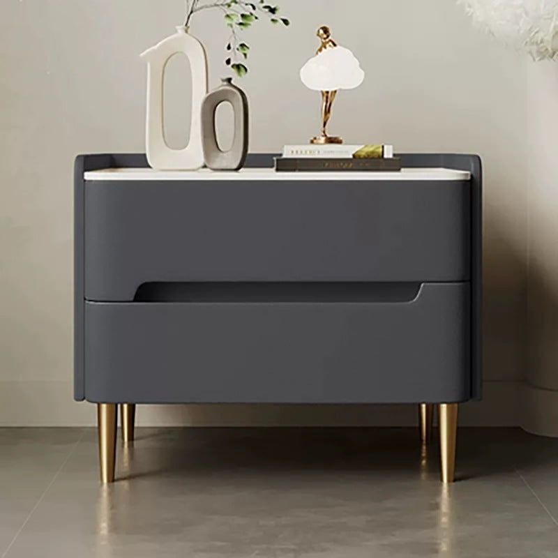 Contemporary Scandinavian Sintered Stone Cat-Scratch Leather MDF Stainless Steel Rounded Square Cylinder Nightstand With 2 Drawers For Bedroom