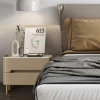 Contemporary Scandinavian Sintered Stone Cat-Scratch Leather MDF Stainless Steel Rounded Square Cylinder Nightstand With 2 Drawers For Bedroom
