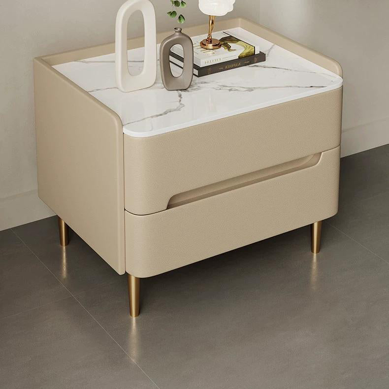 Contemporary Scandinavian Sintered Stone Cat-Scratch Leather MDF Stainless Steel Rounded Square Cylinder Nightstand With 2 Drawers For Bedroom