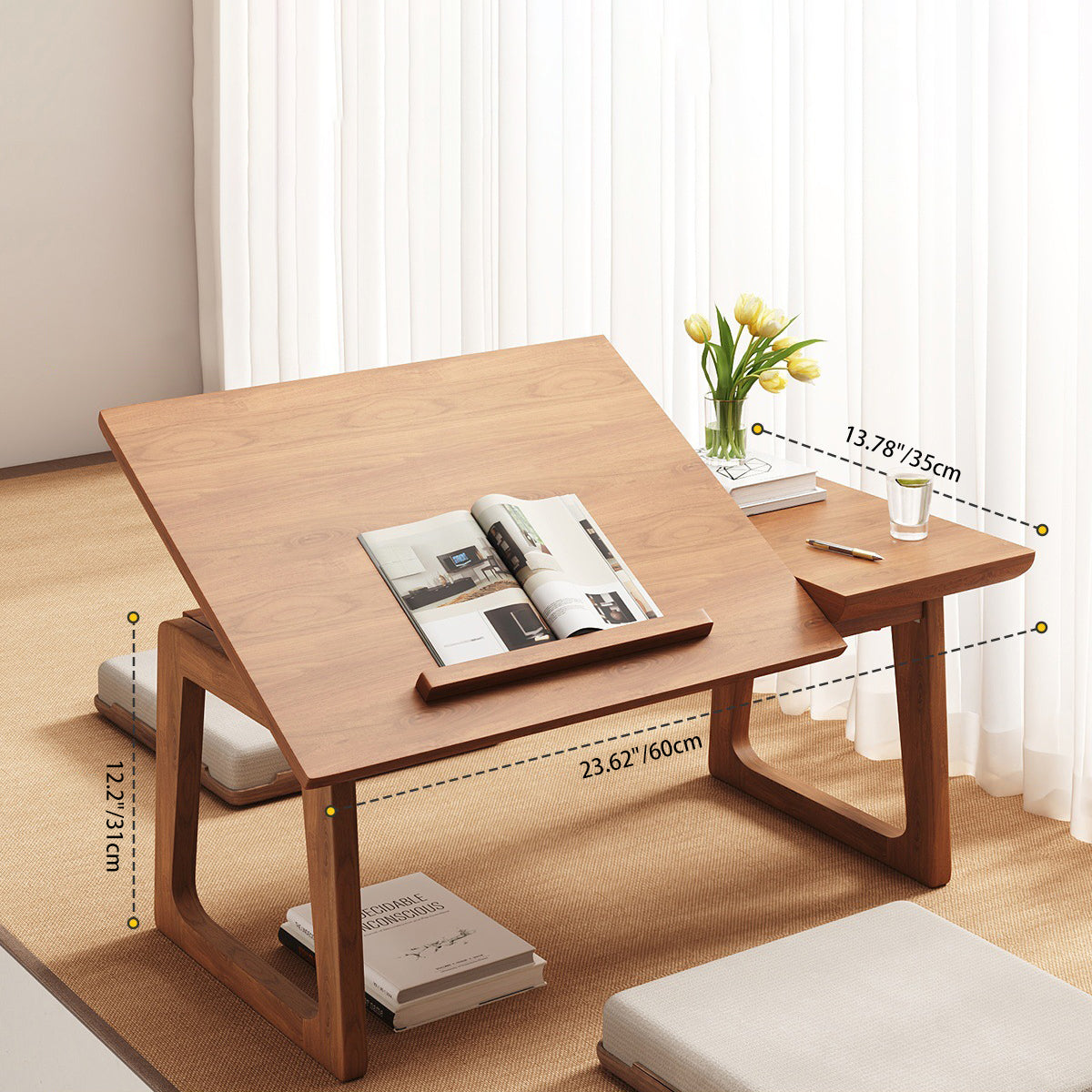 Mesa auxiliar rectangular plegable de madera maciza japonesa tradicional de 1 nivel para sala de estar