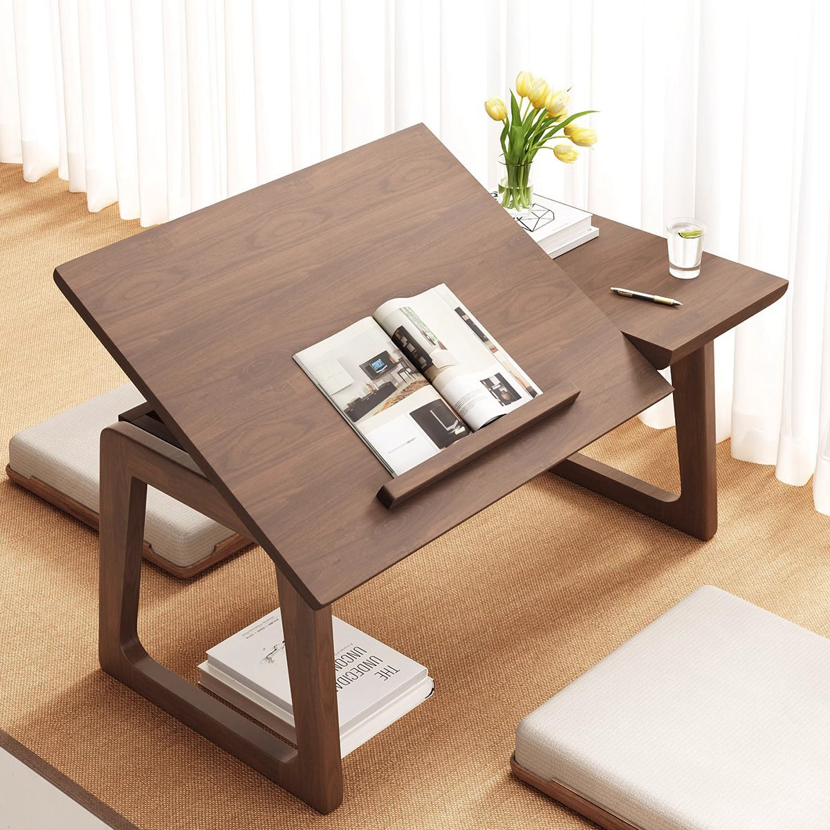 Mesa auxiliar rectangular plegable de madera maciza japonesa tradicional de 1 nivel para sala de estar