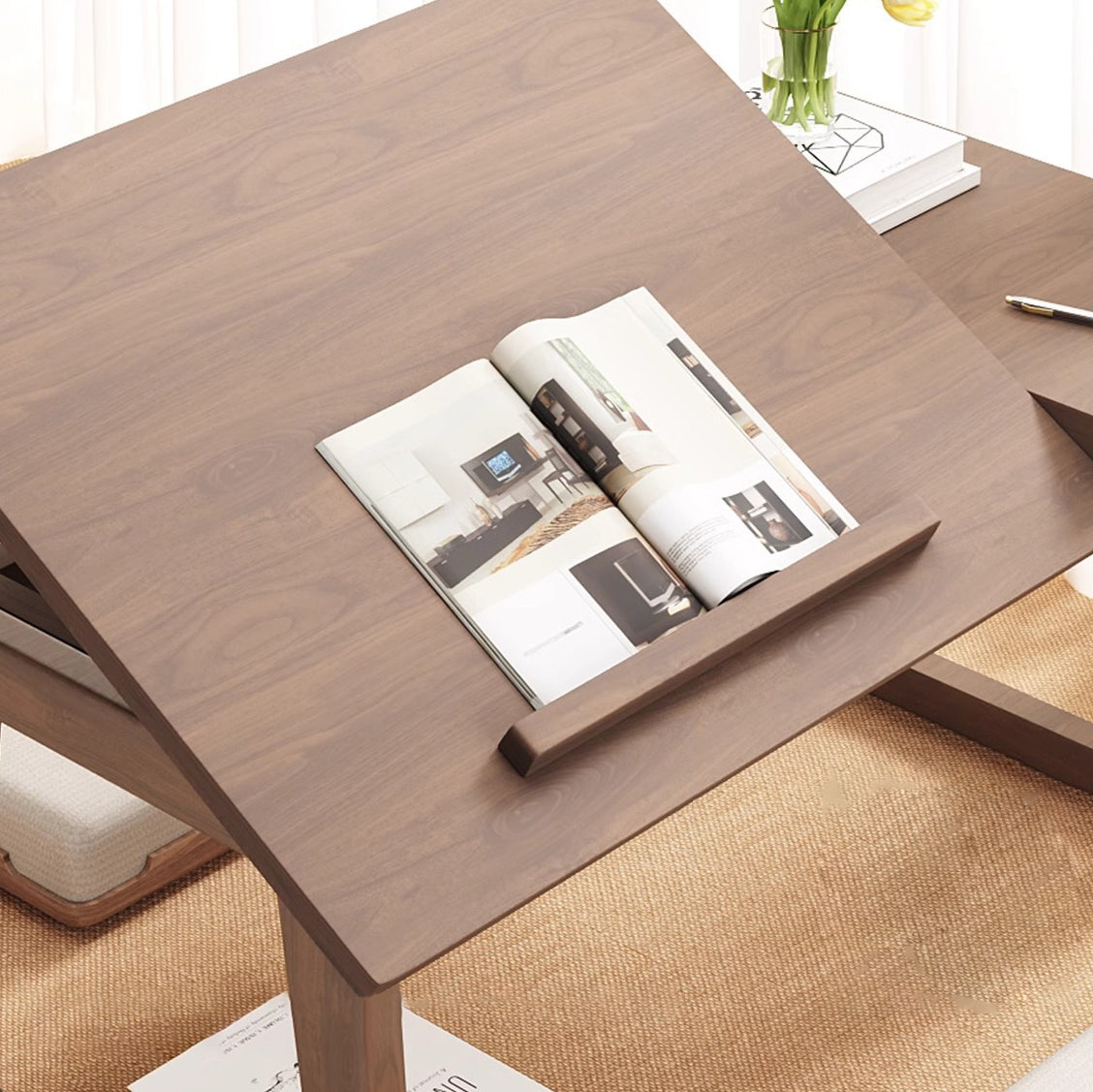 Mesa auxiliar rectangular plegable de madera maciza japonesa tradicional de 1 nivel para sala de estar