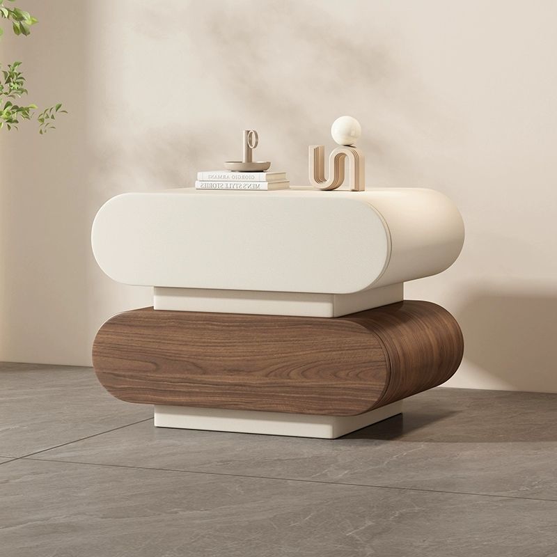 Contemporary Creative Microfiber Leather Pine Wood Rounded Square Nightstand 2-Drawer For Bedroom