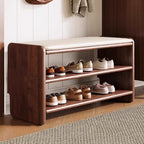 Banco zapatero rectangular redondeado moderno minimalista de madera maciza y cuero sintético de 2 niveles para sala de estar