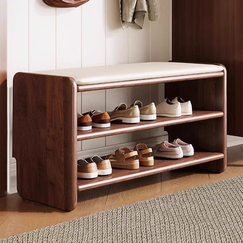 Banco zapatero rectangular redondeado moderno minimalista de madera maciza y cuero sintético de 2 niveles para sala de estar
