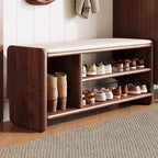Banco zapatero rectangular redondeado moderno minimalista de madera maciza y cuero sintético de 2 niveles para sala de estar