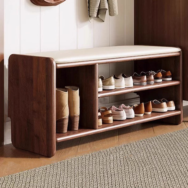 Banco zapatero rectangular redondeado moderno minimalista de madera maciza y cuero sintético de 2 niveles para sala de estar