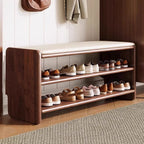 Banco zapatero rectangular redondeado moderno minimalista de madera maciza y cuero sintético de 2 niveles para sala de estar