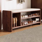 Banco zapatero rectangular redondeado moderno minimalista de madera maciza y cuero sintético de 2 niveles para sala de estar