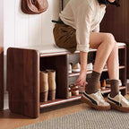 Banco zapatero rectangular redondeado moderno minimalista de madera maciza y cuero sintético de 2 niveles para sala de estar