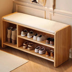 Banco zapatero rectangular redondeado moderno minimalista de madera maciza y cuero sintético de 2 niveles para sala de estar