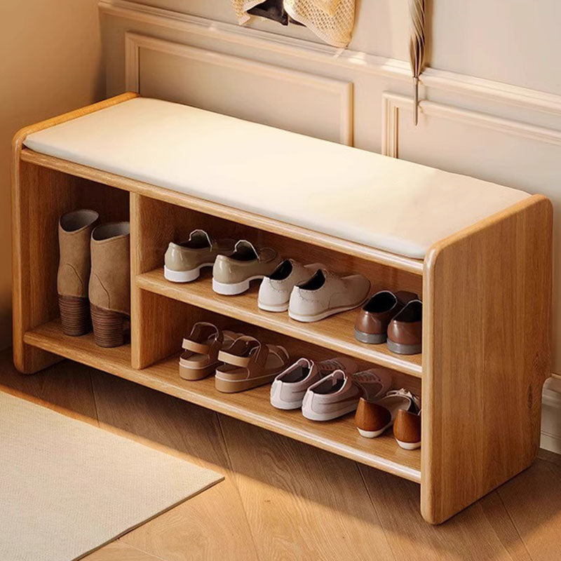 Banco zapatero rectangular redondeado moderno minimalista de madera maciza y cuero sintético de 2 niveles para sala de estar