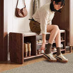Banco zapatero rectangular redondeado moderno minimalista de madera maciza y cuero sintético de 2 niveles para sala de estar